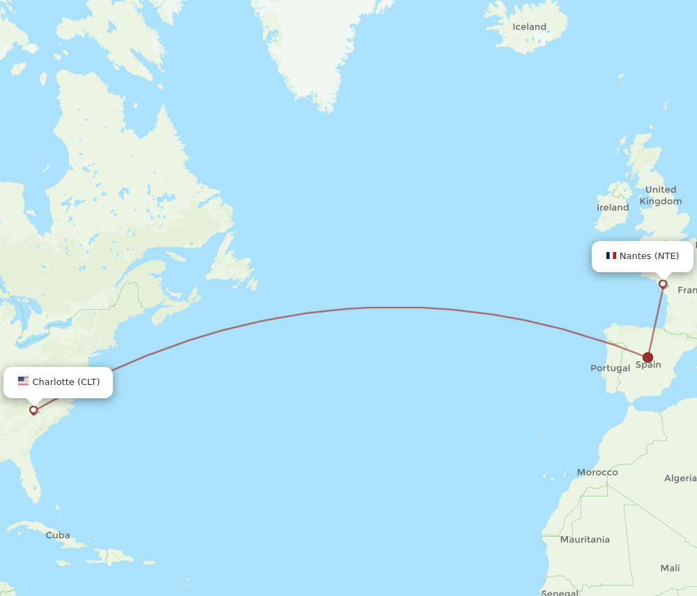 NTE to CLT flights and routes map