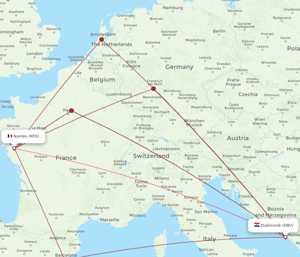 NTE to DBV flights and routes map