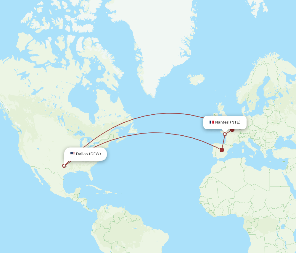 NTE to DFW flights and routes map