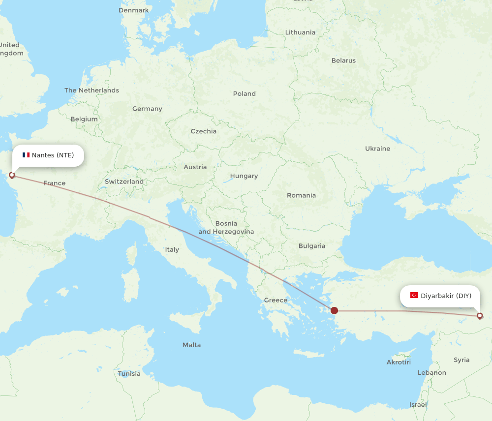 DIY to NTE flights and routes map