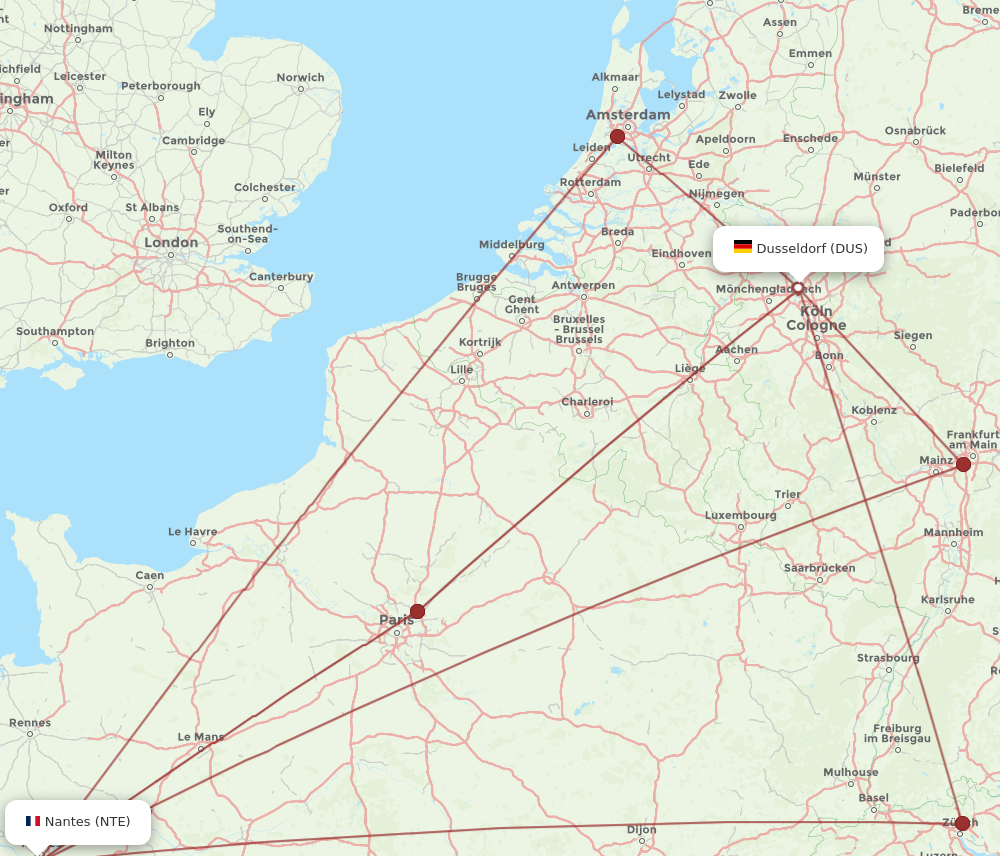 NTE to DUS flights and routes map