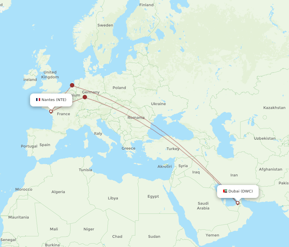 Nantes - Dubai route map and flight paths