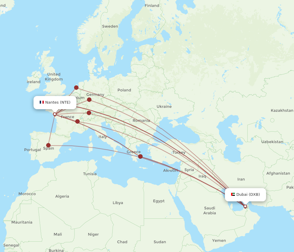 NTE to DXB flights and routes map