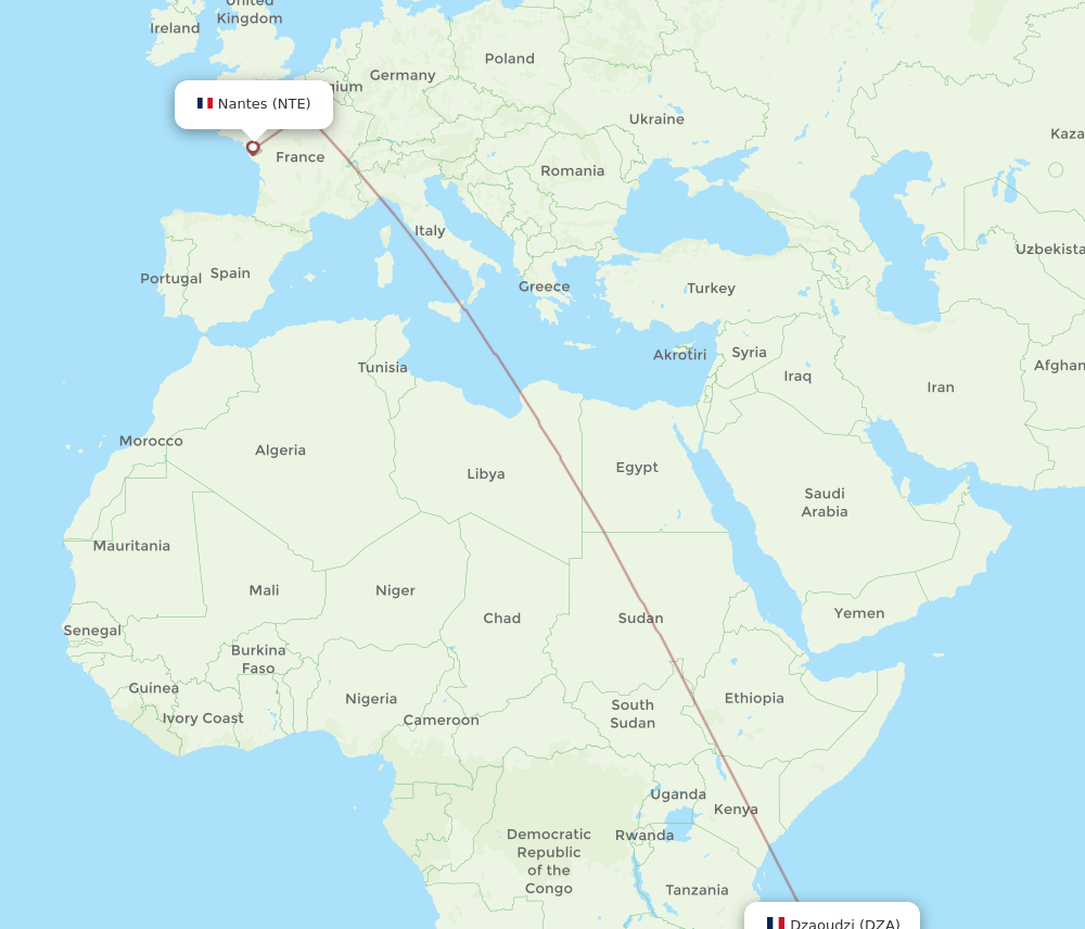 Dzaoudzi - Nantes route map and flight paths