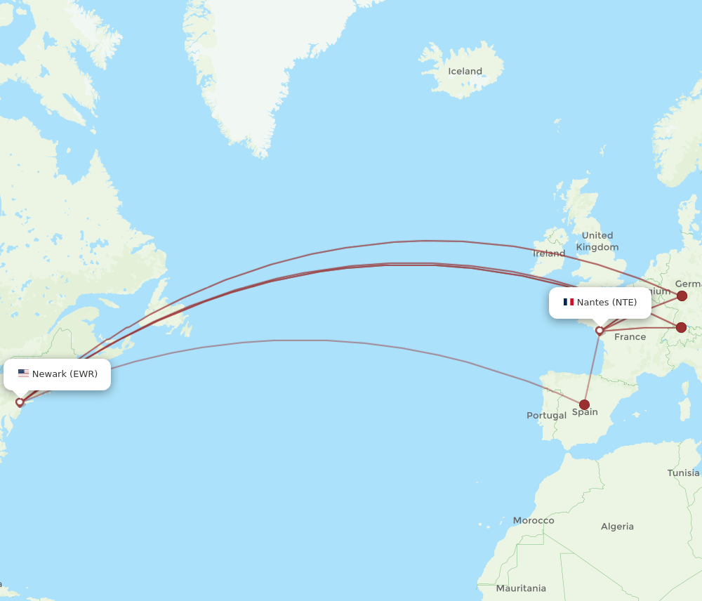 NTE to EWR flights and routes map