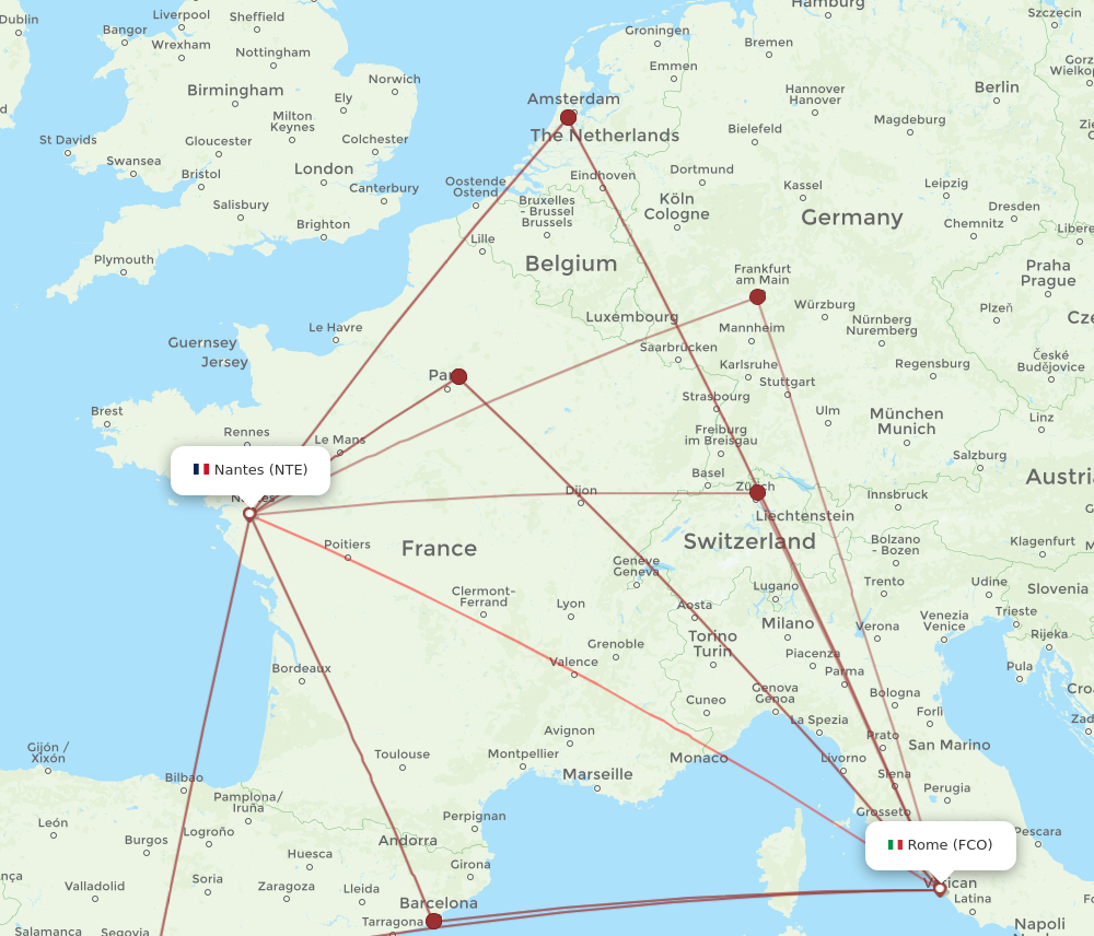 NTE to FCO flights and routes map