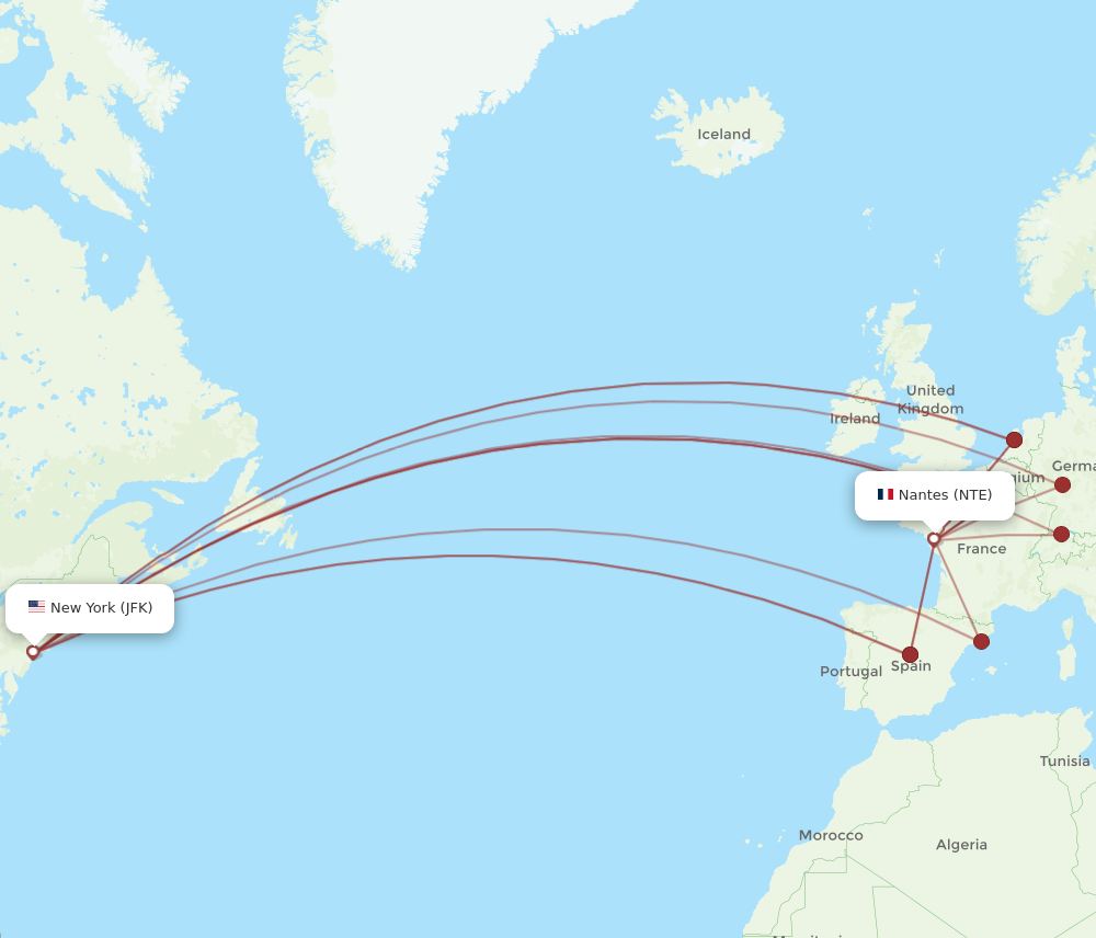 NTE to JFK flights and routes map