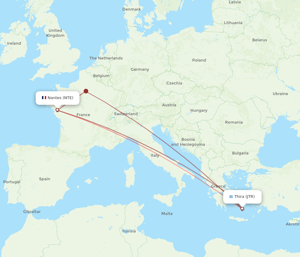 NTE to JTR flights and routes map