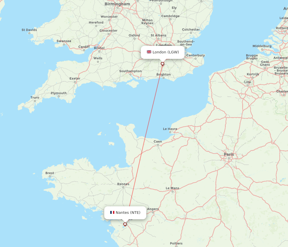 Nantes - London route map and flight paths