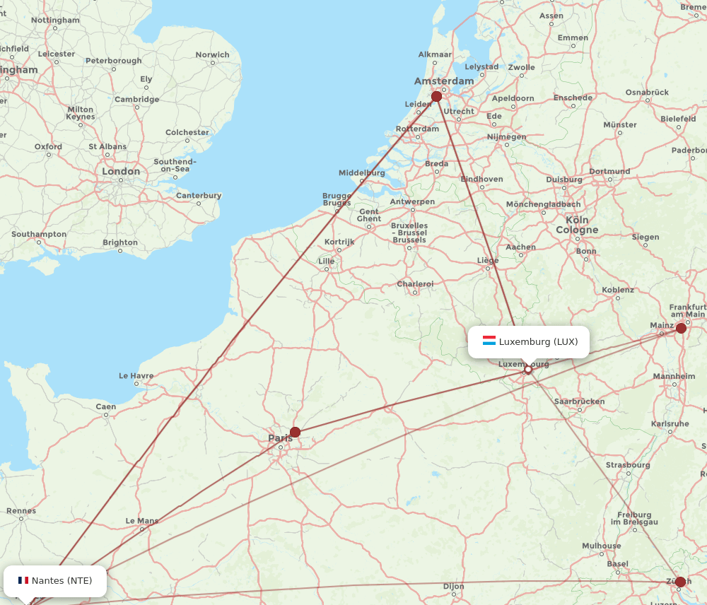 NTE to LUX flights and routes map