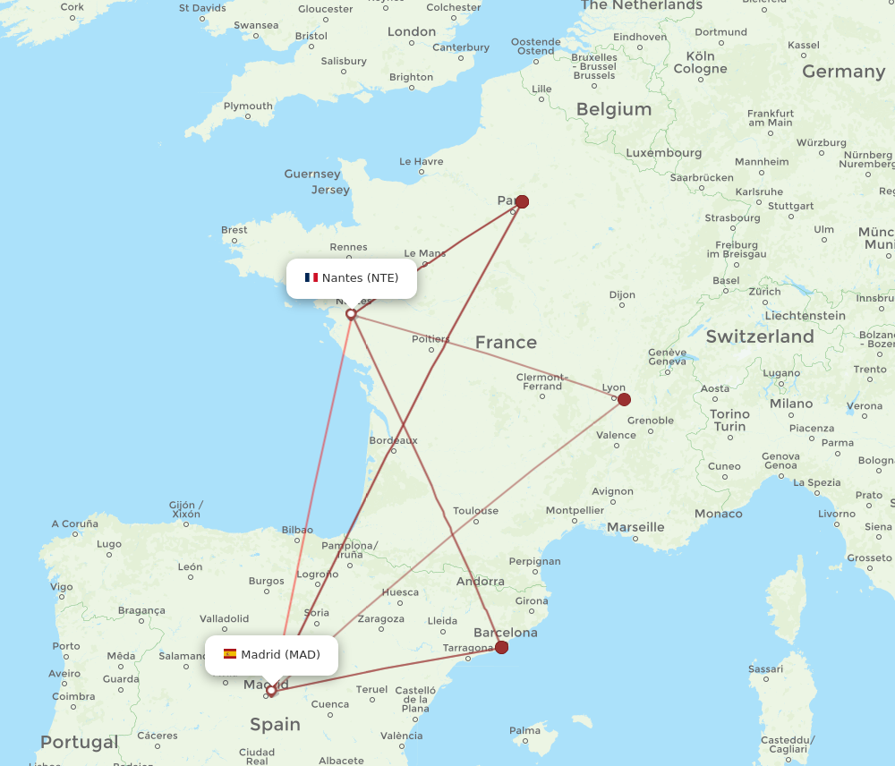 NTE to MAD flights and routes map