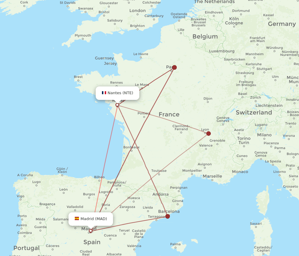 NTE-MAD flight routes
