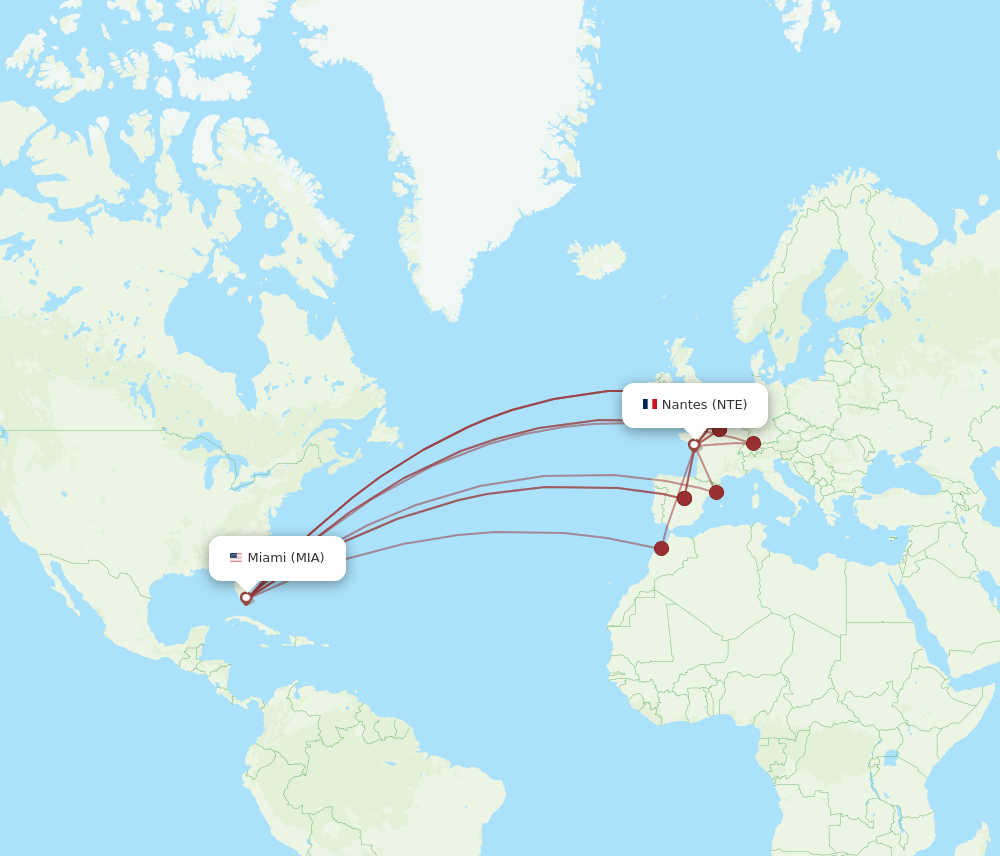 NTE to MIA flights and routes map