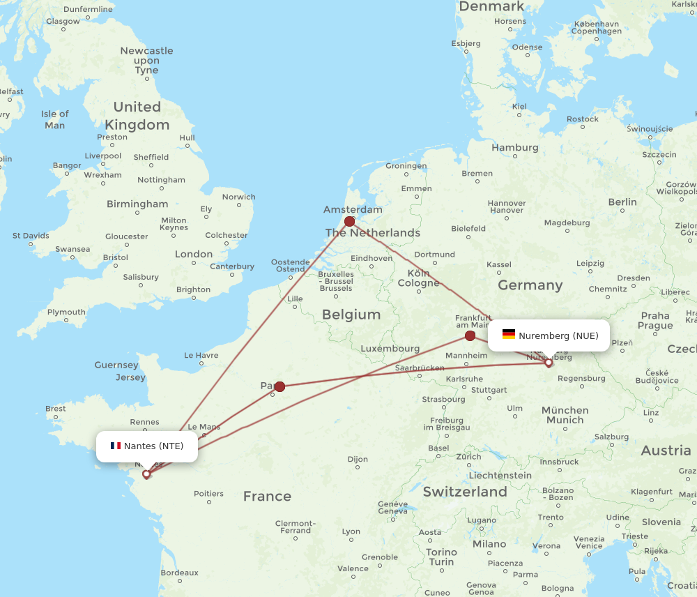 NTE to NUE flights and routes map