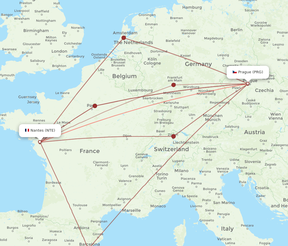 NTE-PRG flight routes