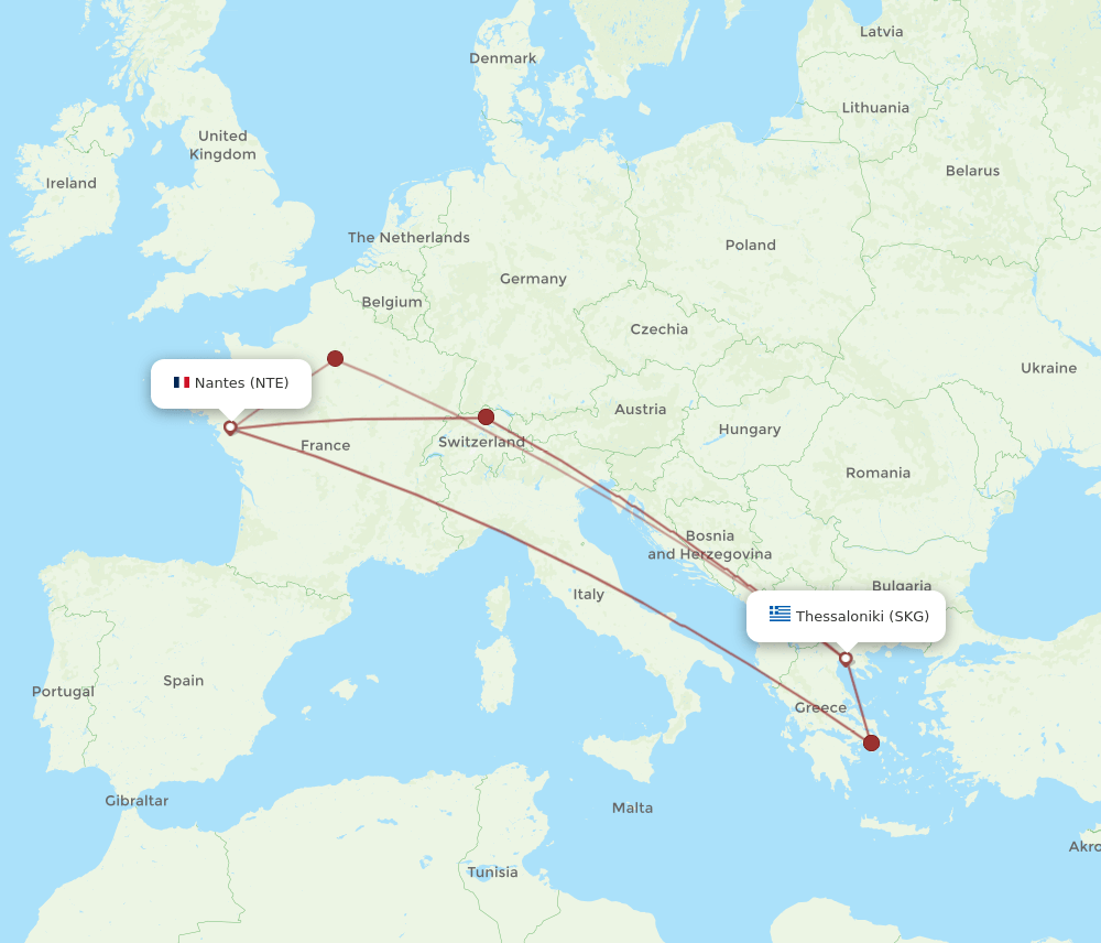 NTE to SKG flights and routes map