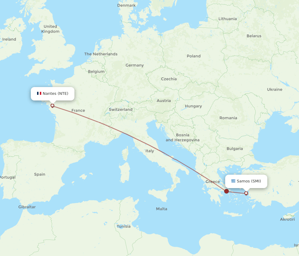 Samos - Nantes route map and flight paths