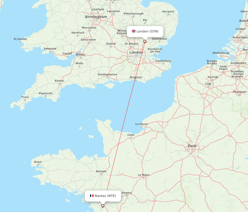 Nantes - London route map and flight paths