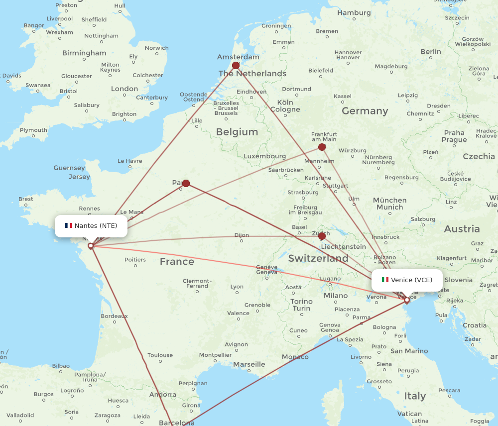 NTE to VCE flights and routes map