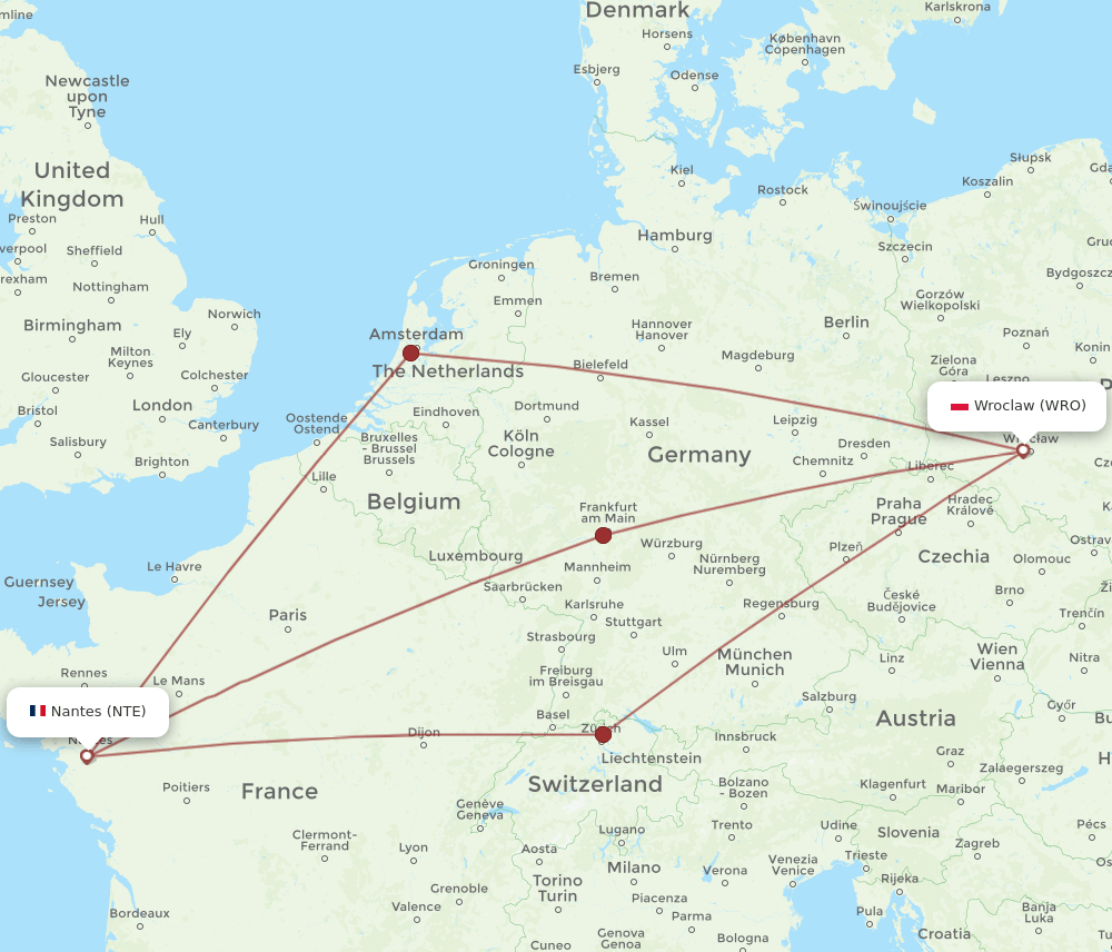 NTE to WRO flights and routes map