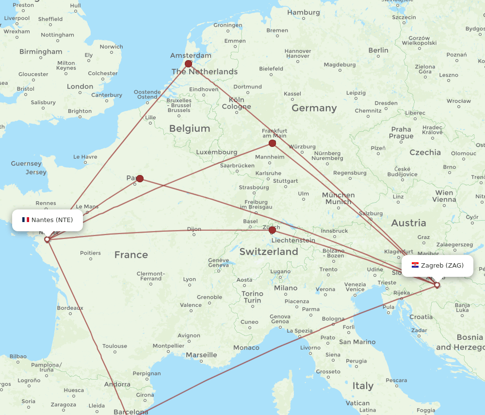 Zagreb - Nantes route map and flight paths