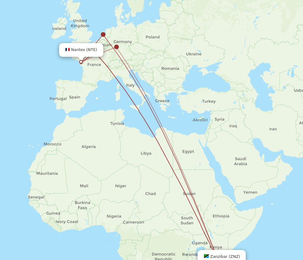 ZNZ to NTE flights and routes map