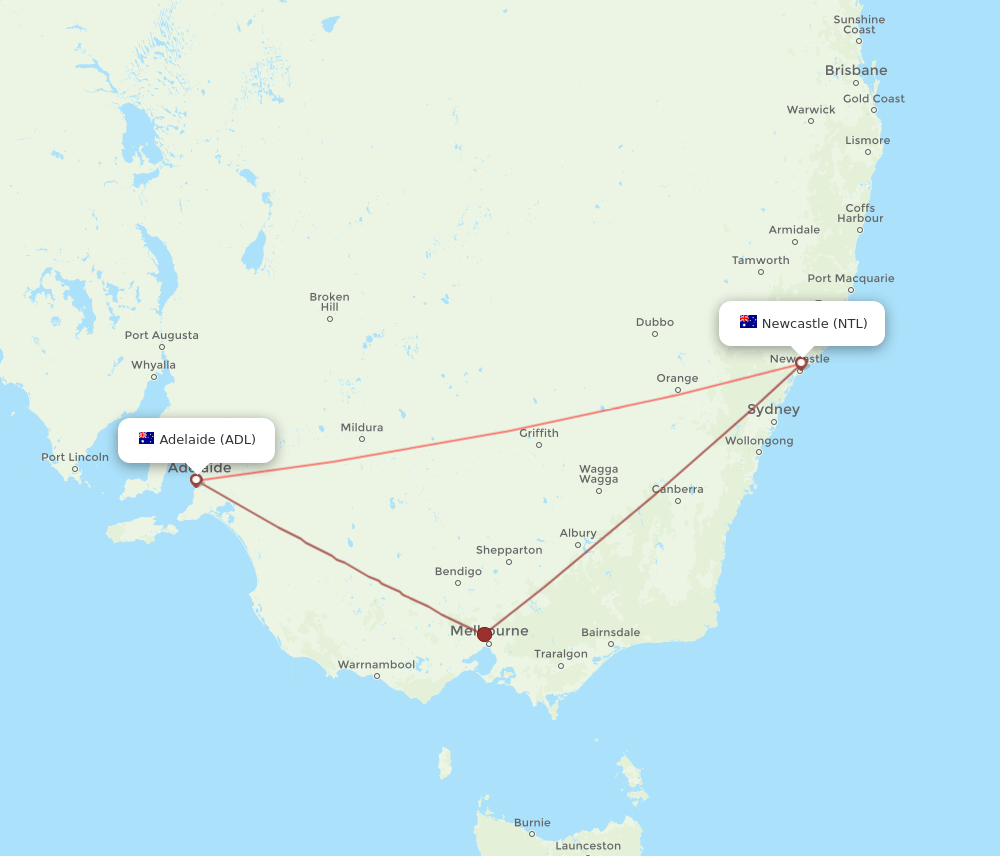 NTL to ADL flights and routes map