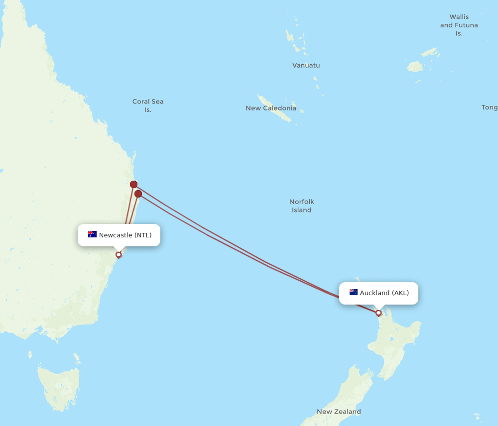 NTL-AKL flight routes