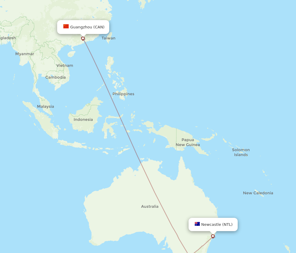 NTL to CAN flights and routes map