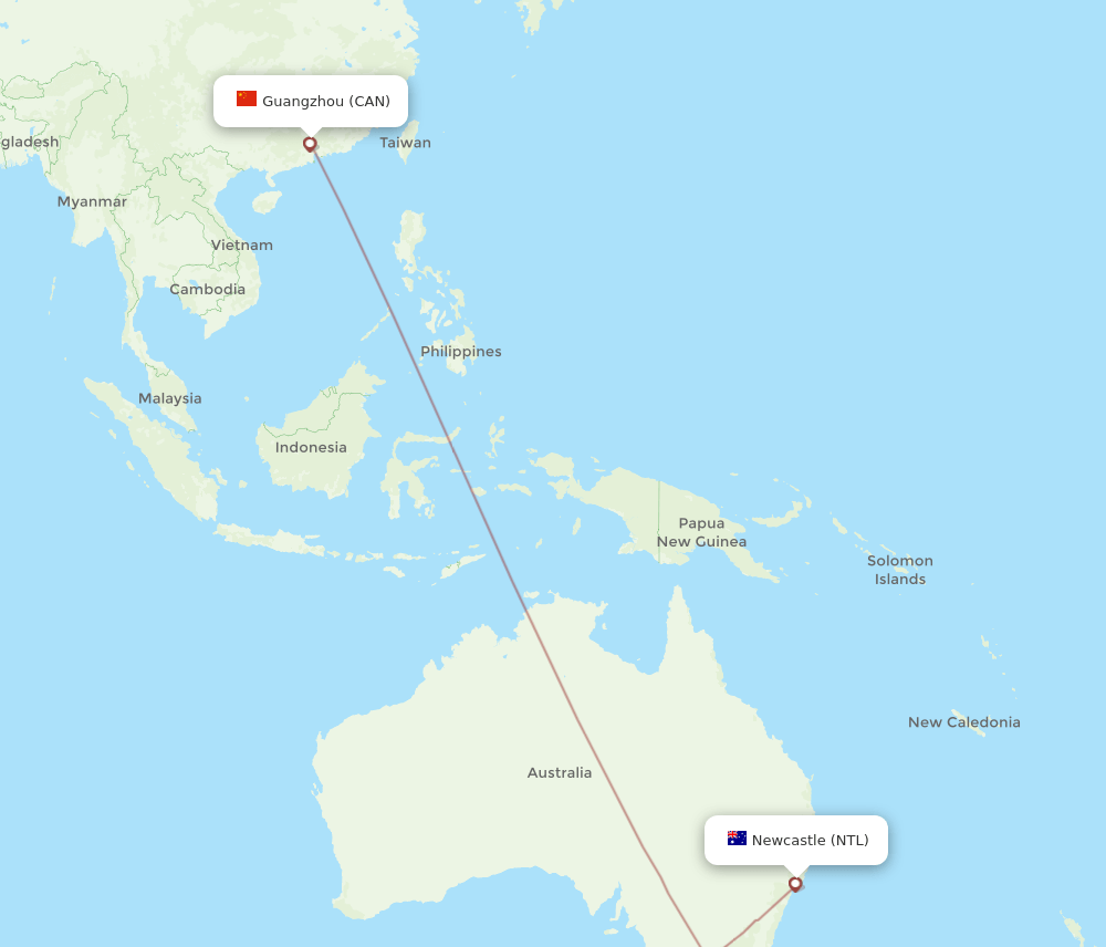 Guangzhou - Newcastle route map and flight paths