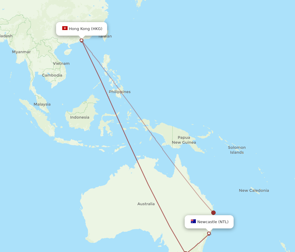 NTL to HKG flights and routes map