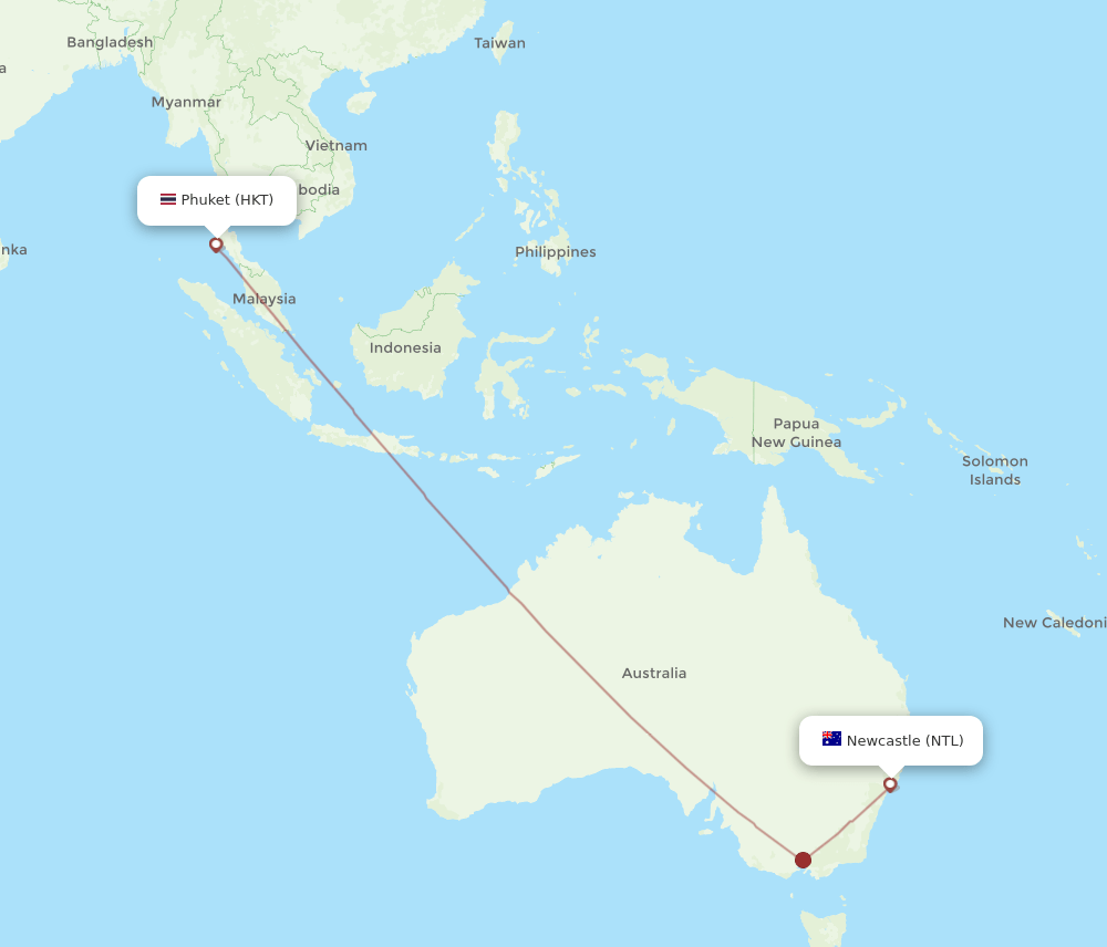 NTL-HKT flight routes
