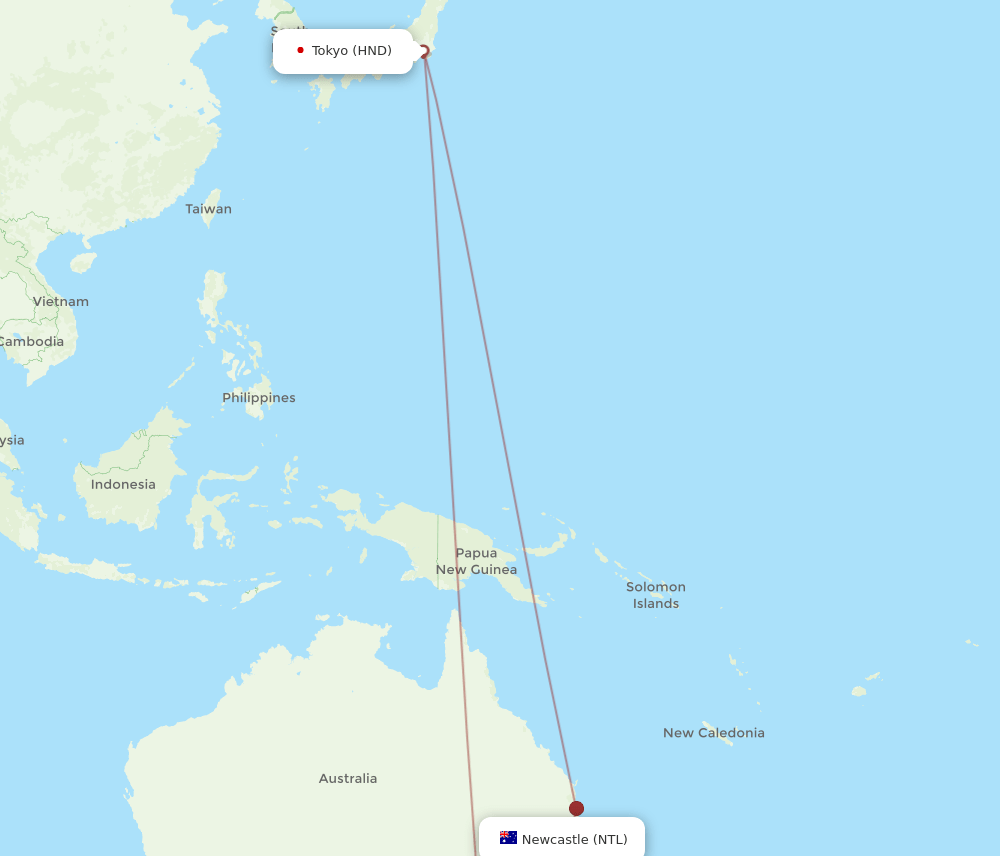 Newcastle - Tokyo route map and flight paths