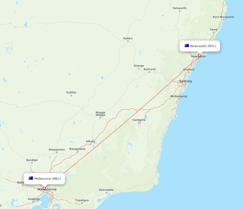 Newcastle - Melbourne route map and flight paths