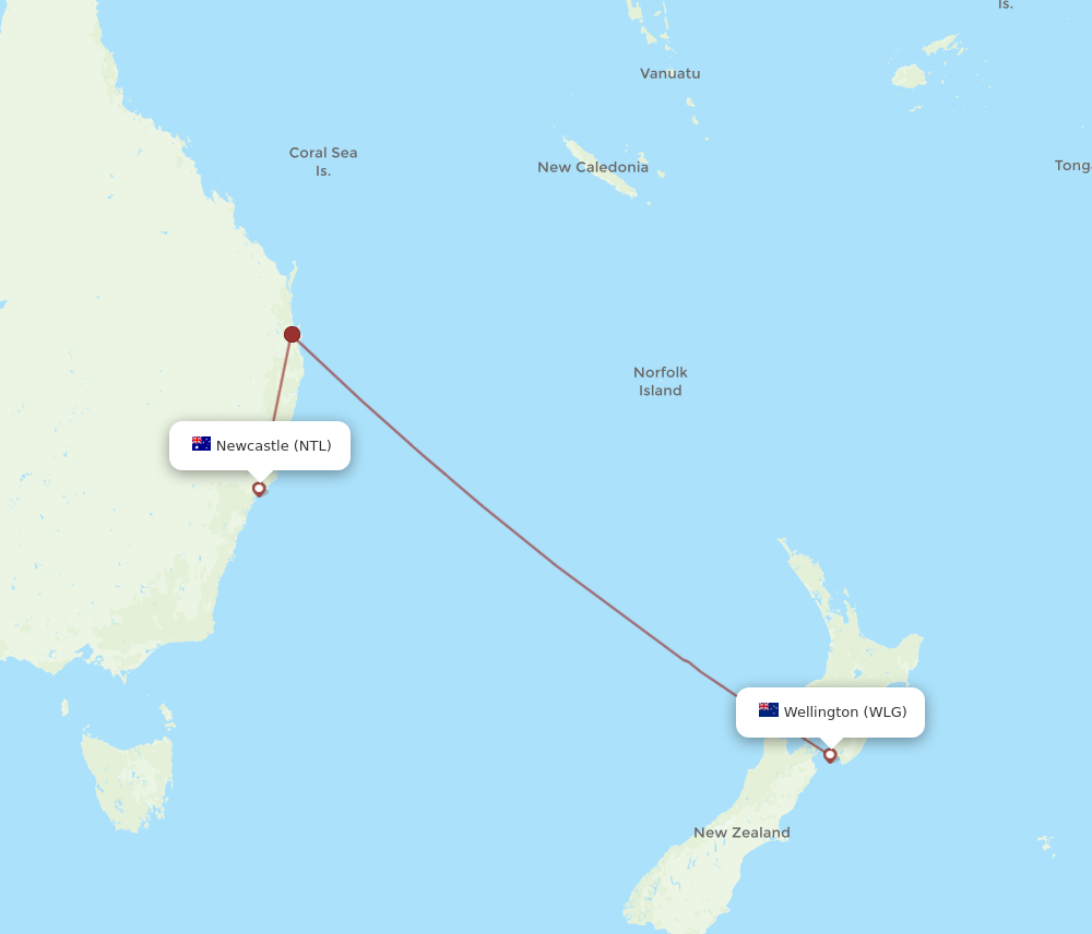 NTL to WLG flights and routes map