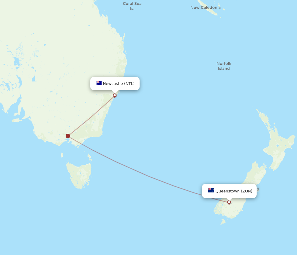ZQN to NTL flights and routes map