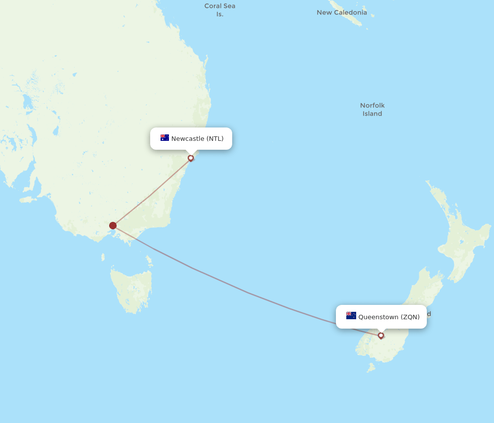 Queenstown - Newcastle route map and flight paths