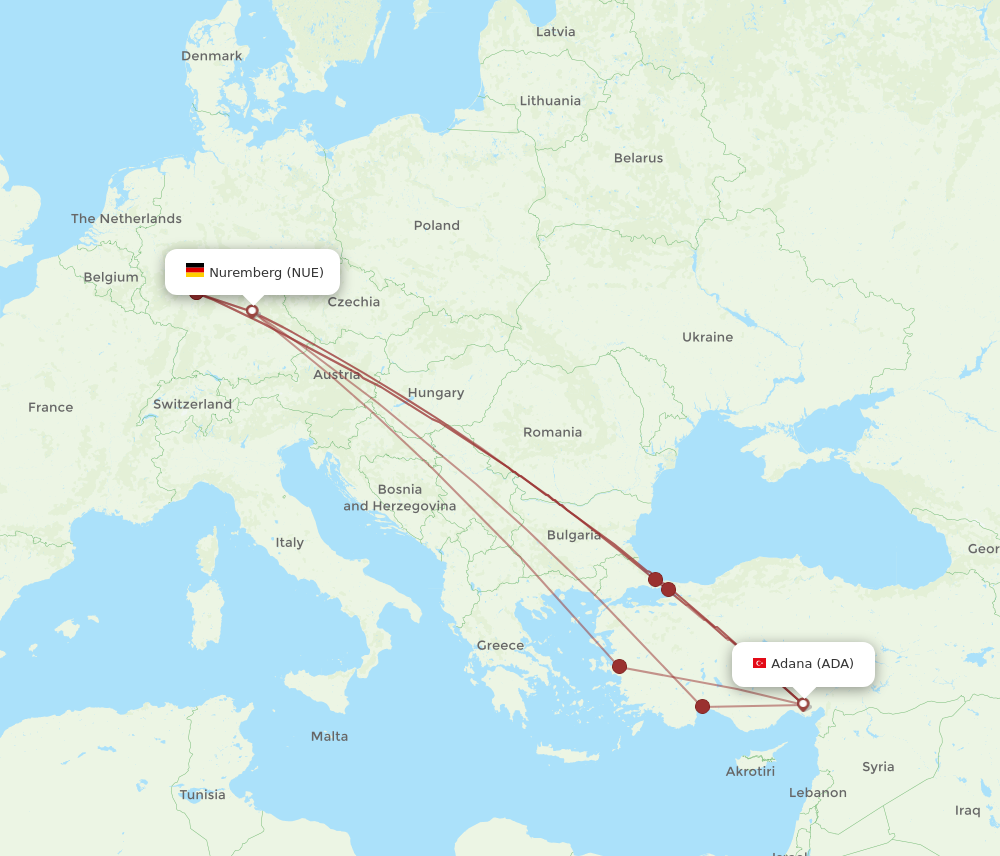 NUE to ADA flights and routes map