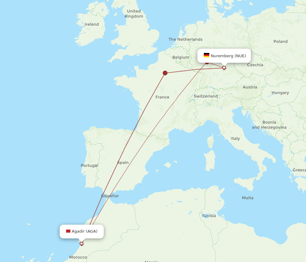 NUE-AGA flight routes