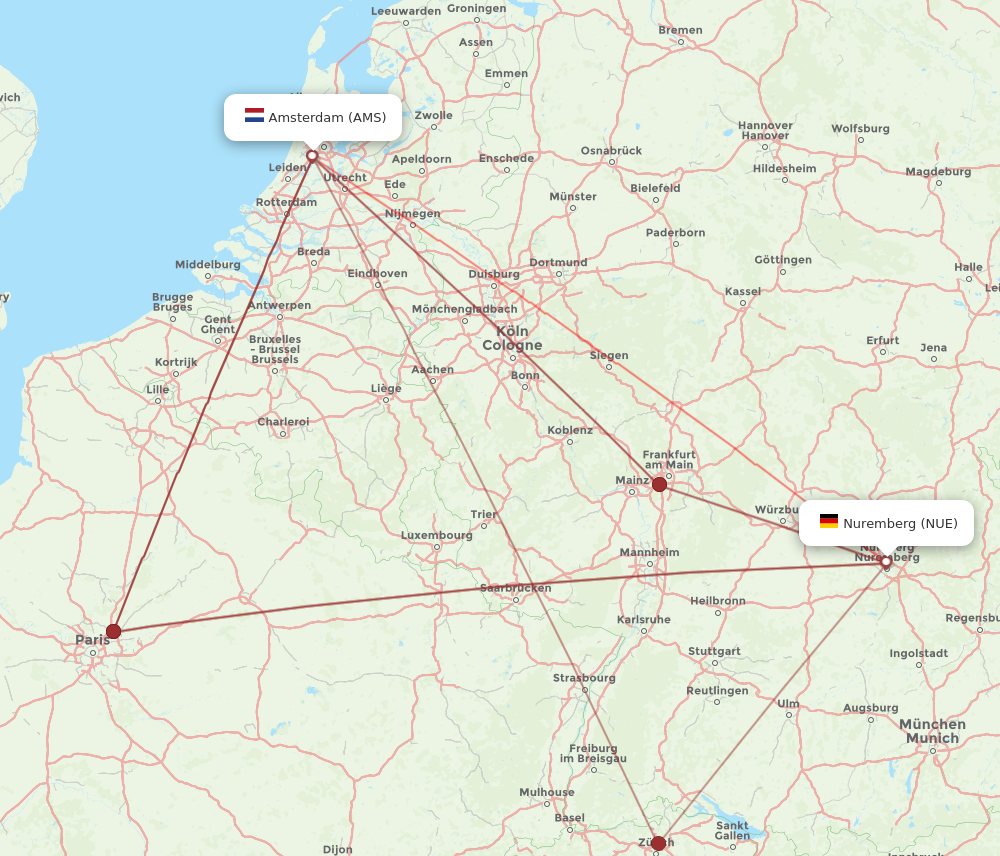 NUE to AMS flights and routes map