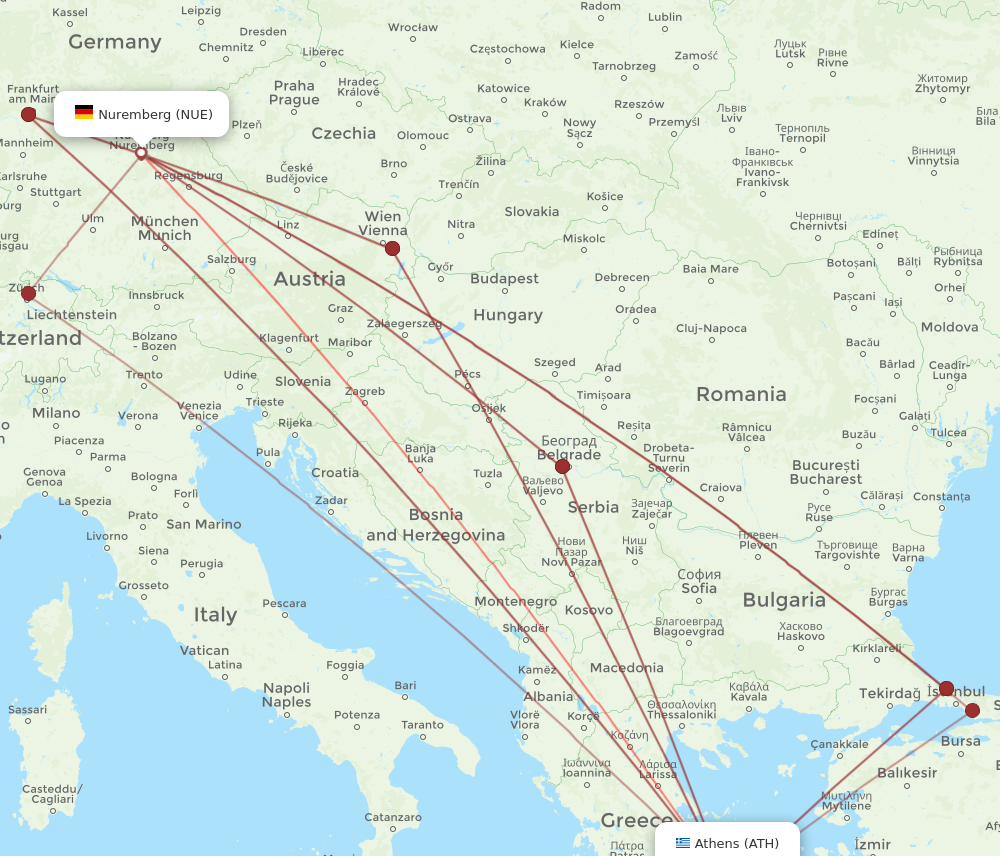 NUE to ATH flights and routes map