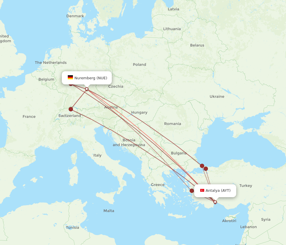 NUE to AYT flights and routes map