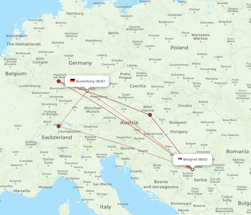 NUE to BEG flights and routes map