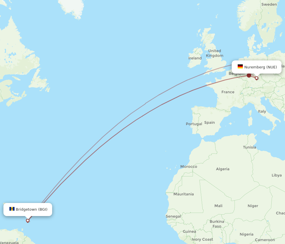 NUE-BGI flight routes