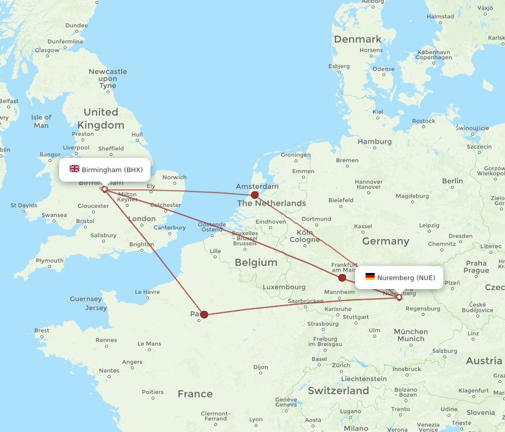 NUE to BHX flights and routes map