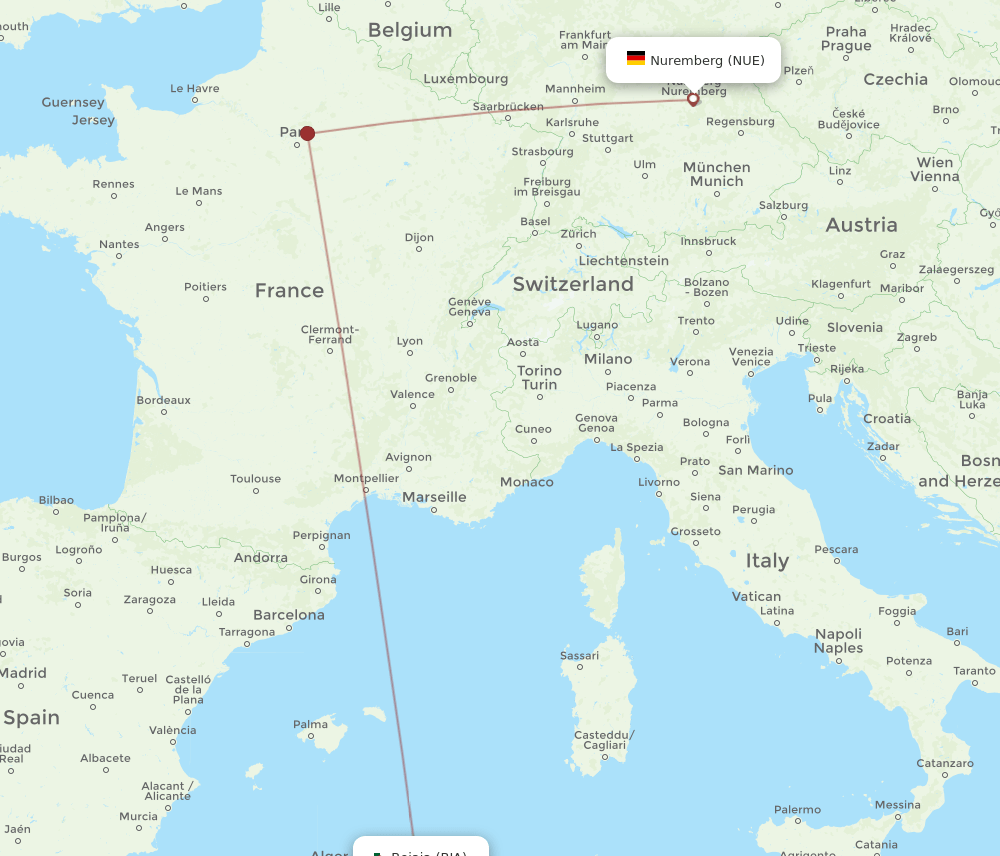 NUE to BJA flights and routes map
