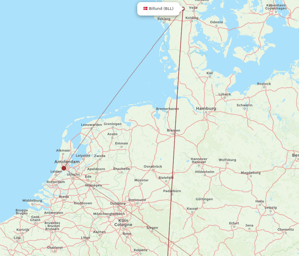 NUE to BLL flights and routes map