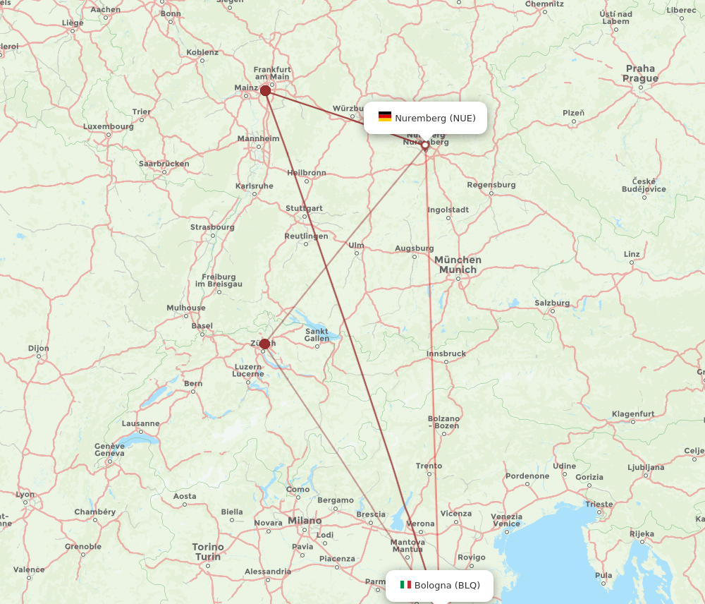 NUE to BLQ flights and routes map