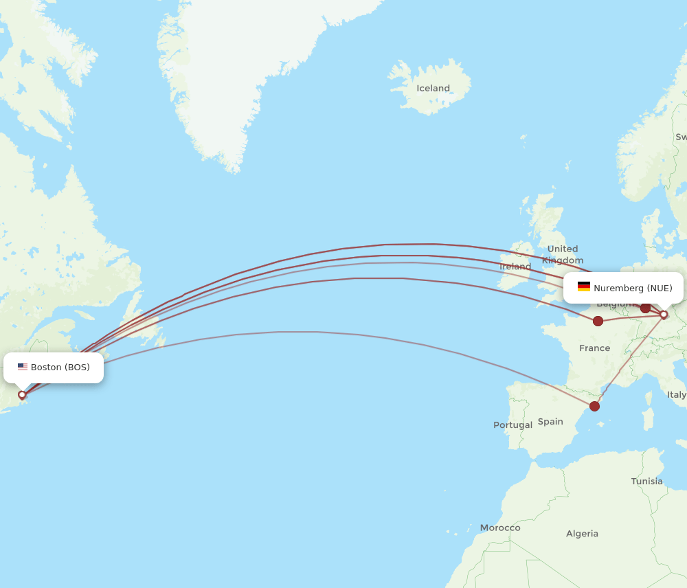 NUE-BOS flight routes