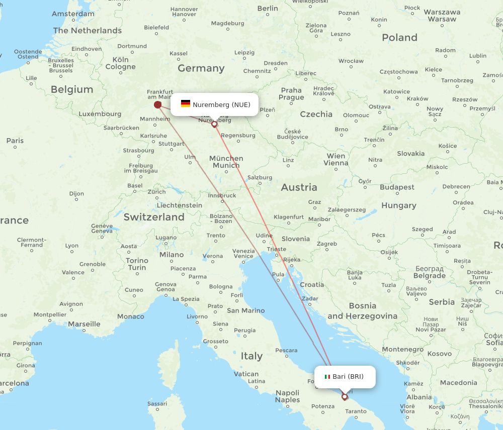 NUE to BRI flights and routes map